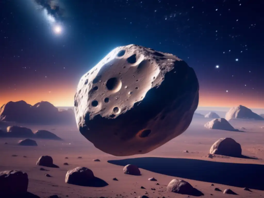 Exploración asteroide 511 Davida: imagen 8k detallada, con roca gigante en el espacio, iluminada por sol y estrellas