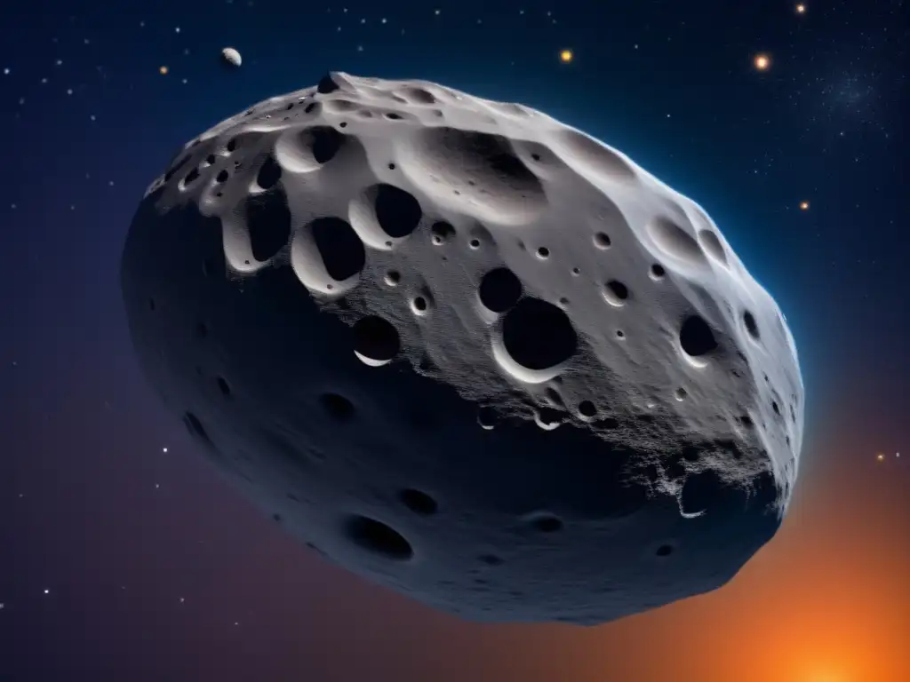 Exploración asteroide 511 Davida: imagen ultradetallada de alta resolución en el espacio, con cráteres, texturas y nave futurista