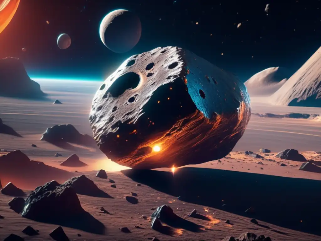 Composición química asteroides: Asteroide 8K detallado en el espacio con nave minera futurista