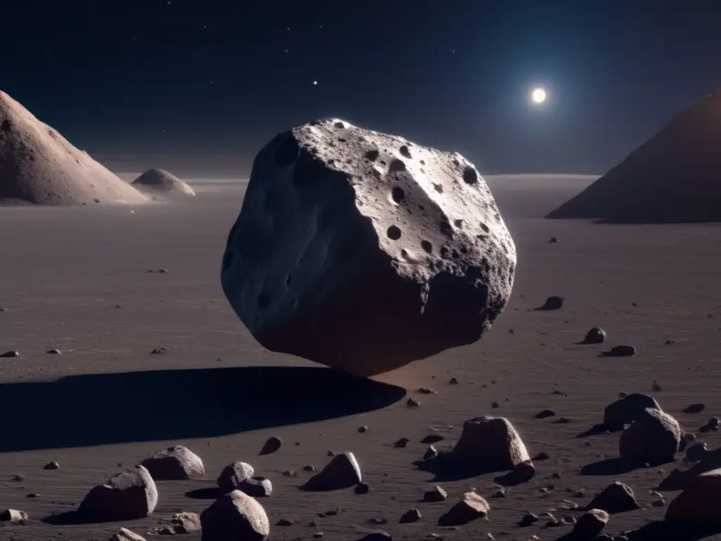Asteroide Bennu: Detalles en 8k de su superficie oscura, cráteres y paisaje espacial, desafiando la soberanía y leyes astronómicas