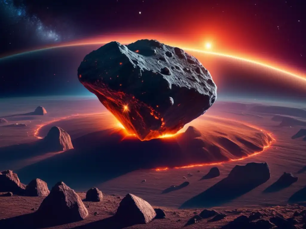 Órbita asteroide determinada gravedad - Imagen impactante de un asteroide masivo en el espacio, con su superficie rugosa iluminada por una estrella cercana