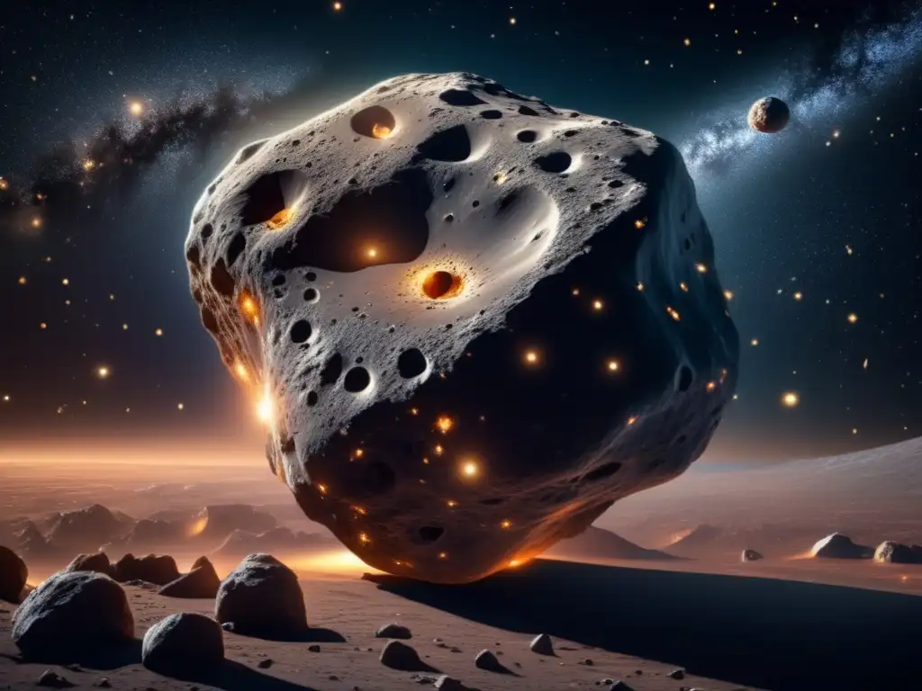 Órbita asteroide determinada gravedad, vista impresionante 8k con asteroides y galaxias distantes