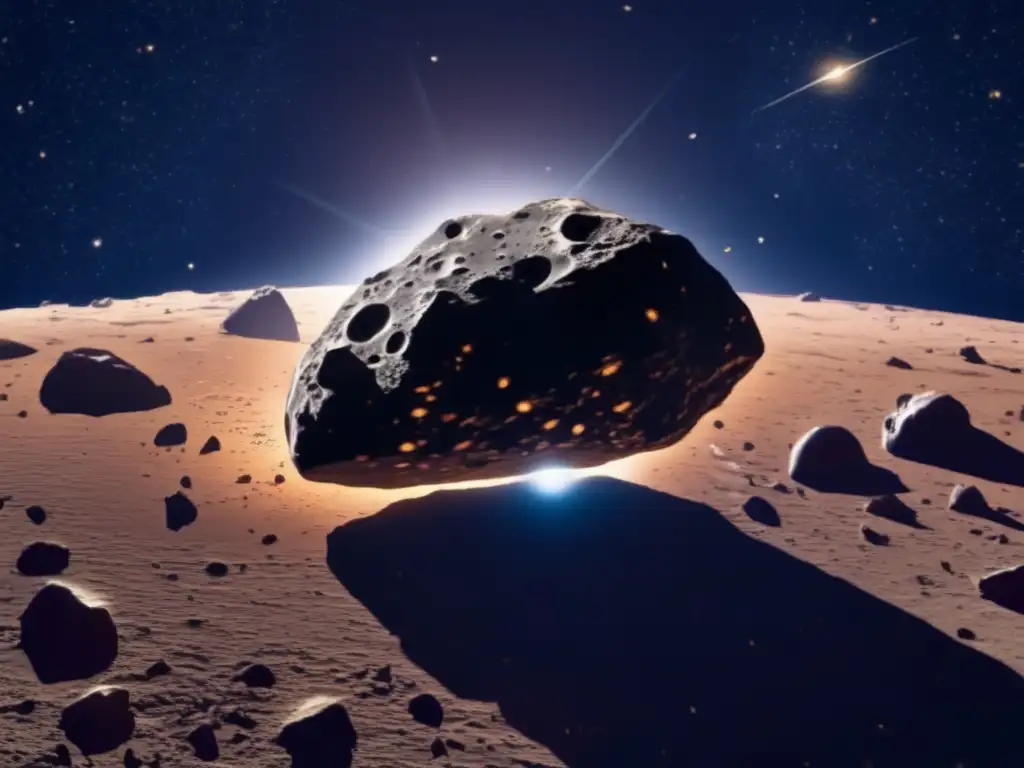 Asteroide flotando en espacio, con desviación por gravedad y radiación solar