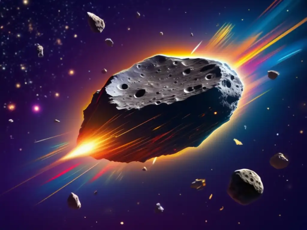 Asteroide flotando en el espacio rodeado de coloridos escombros