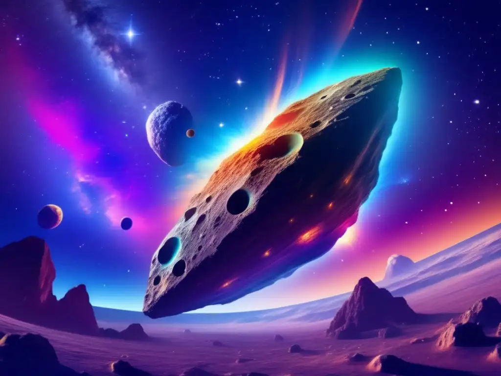 Asteroide en el espacio rodeado de nebulosa de colores, reflejando la belleza y misterio de la cadena de valor de asteroides