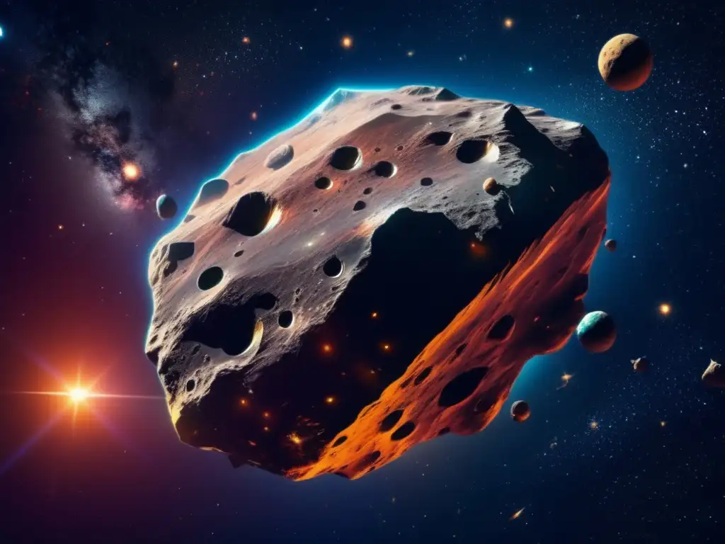 Asteroide flotando en el espacio, mostrando su superficie rocosa y texturas únicas