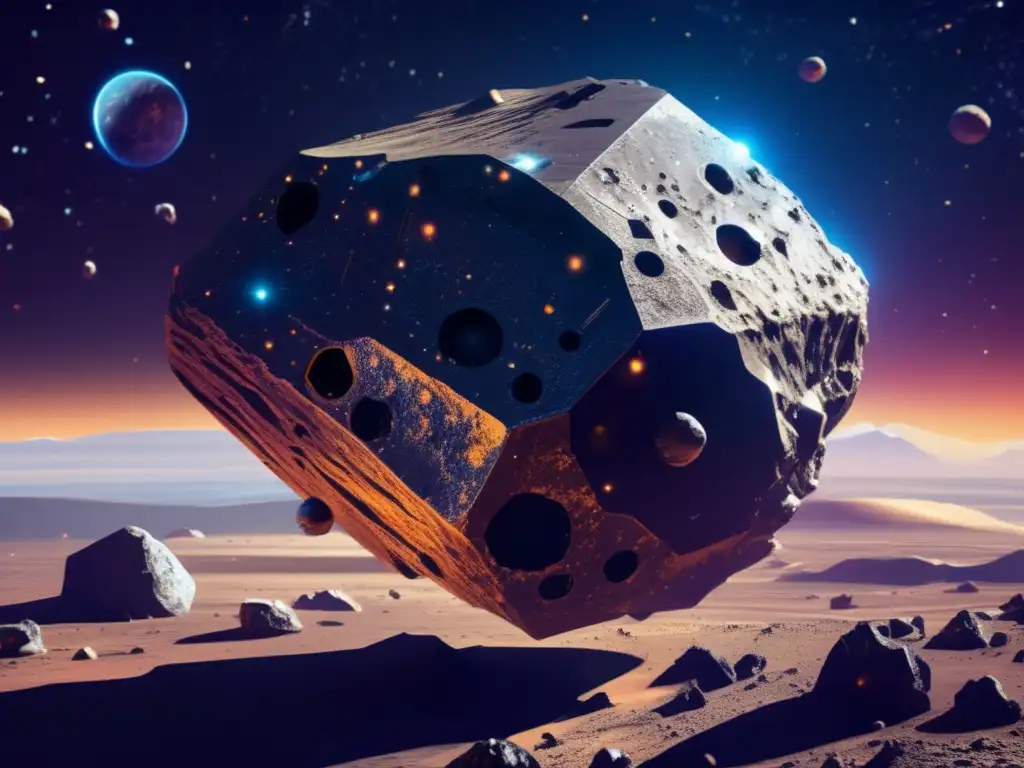 Asteroide en el espacio con tecnología futurista y exploración
