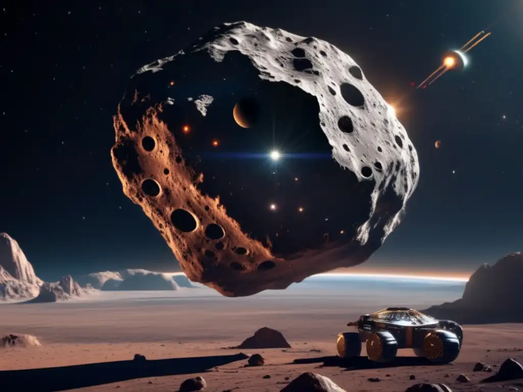 Asteroide gigante en el espacio rodeado de naves espaciales futuristas