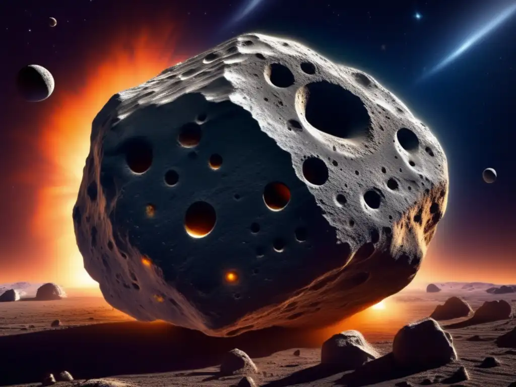 Un asteroide gigante con grietas y fracturas, rodeado de polvo y escombros