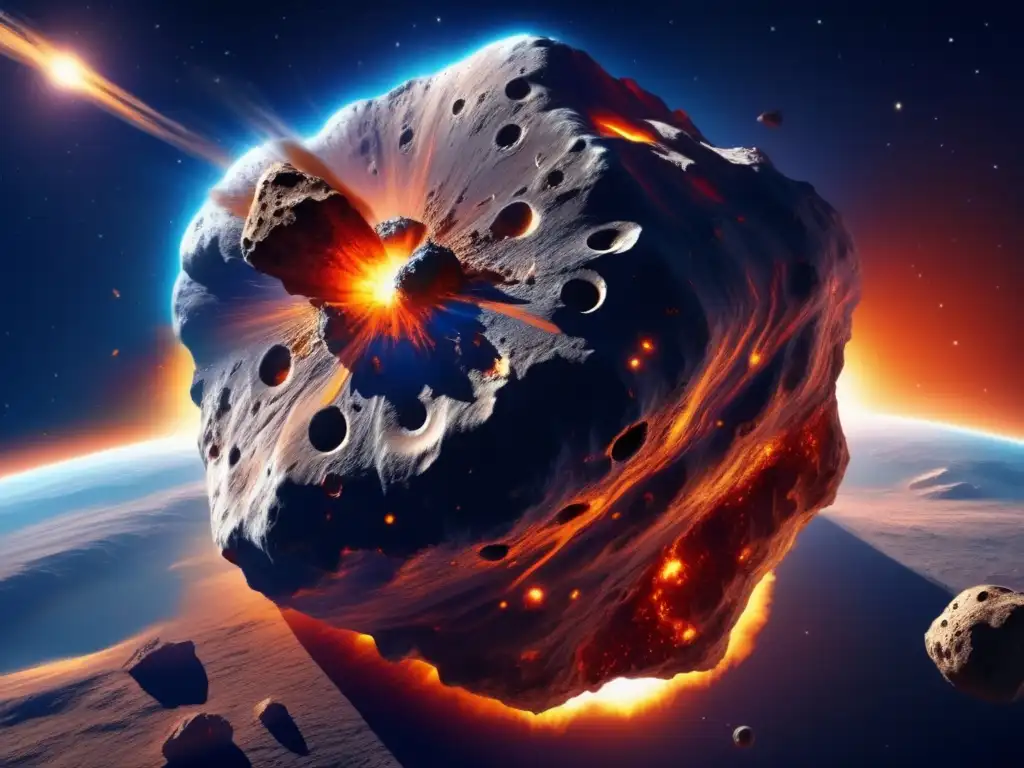 Amenaza: Asteroide gigante rumbo a la Tierra, con superficie llena de cráteres y bordes irregulares, rodeado de un resplandor ardiente