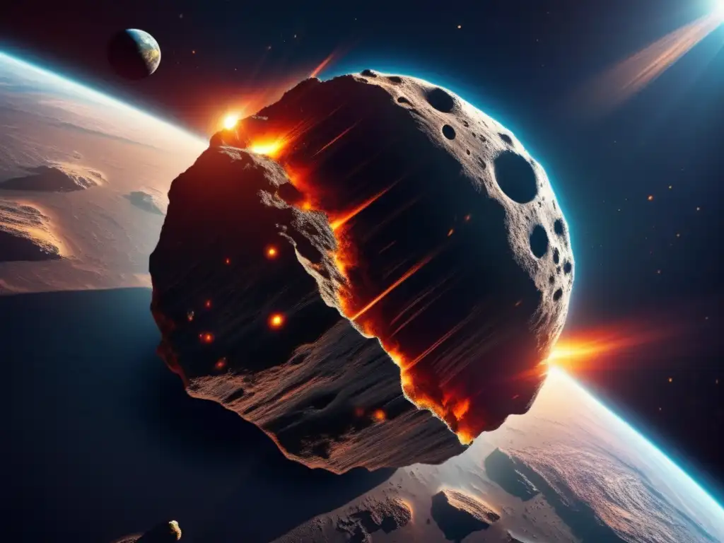 Asteroide gigante hacia la Tierra, detalle de su superficie rugosa y cráteres