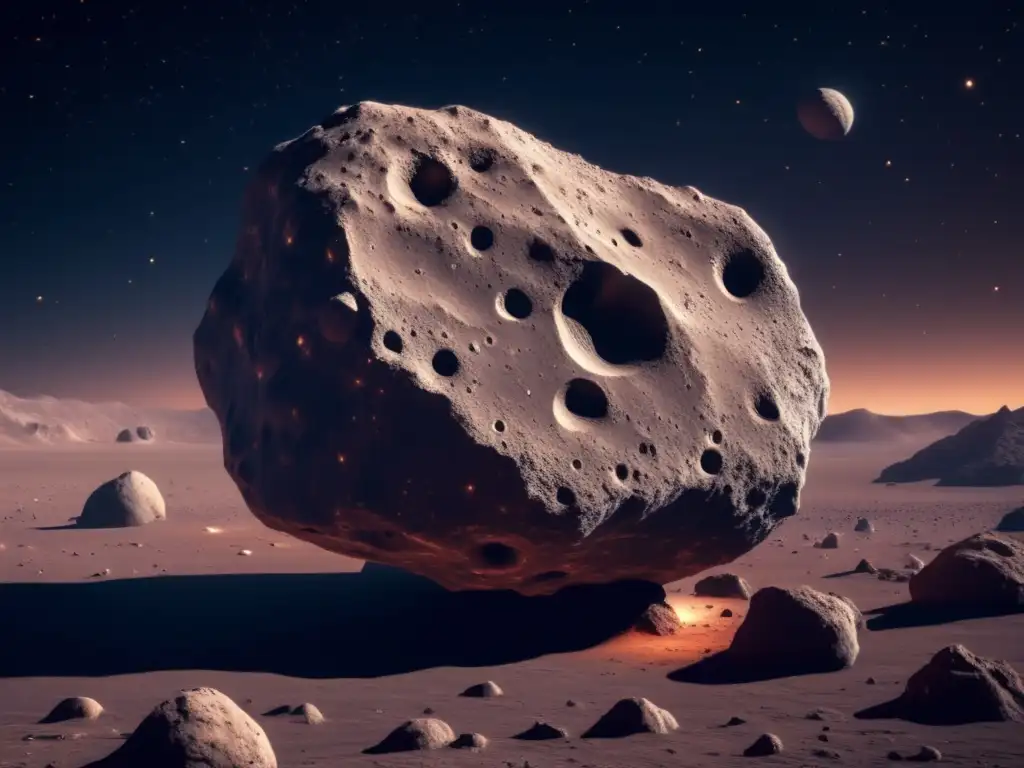 Asteroide: Imagen 8k de un asteroide estéril flotando en el espacio, con cráteres y microorganismos resilientes