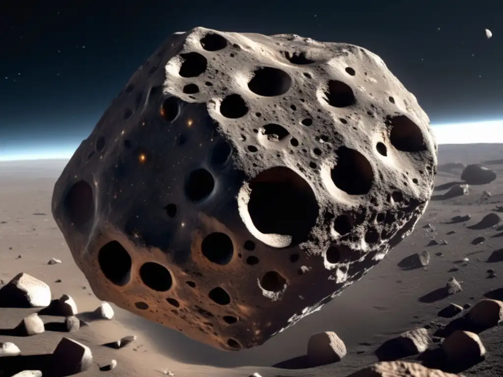 Asteroide irregular con cráteres rocosos, estación de investigación transparente, científicos estudian vida microbiana