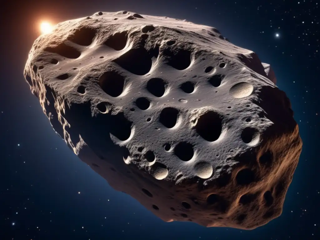 Amenaza: asteroide irregular flotando en el espacio, con texturas realistas y detalles intrincados