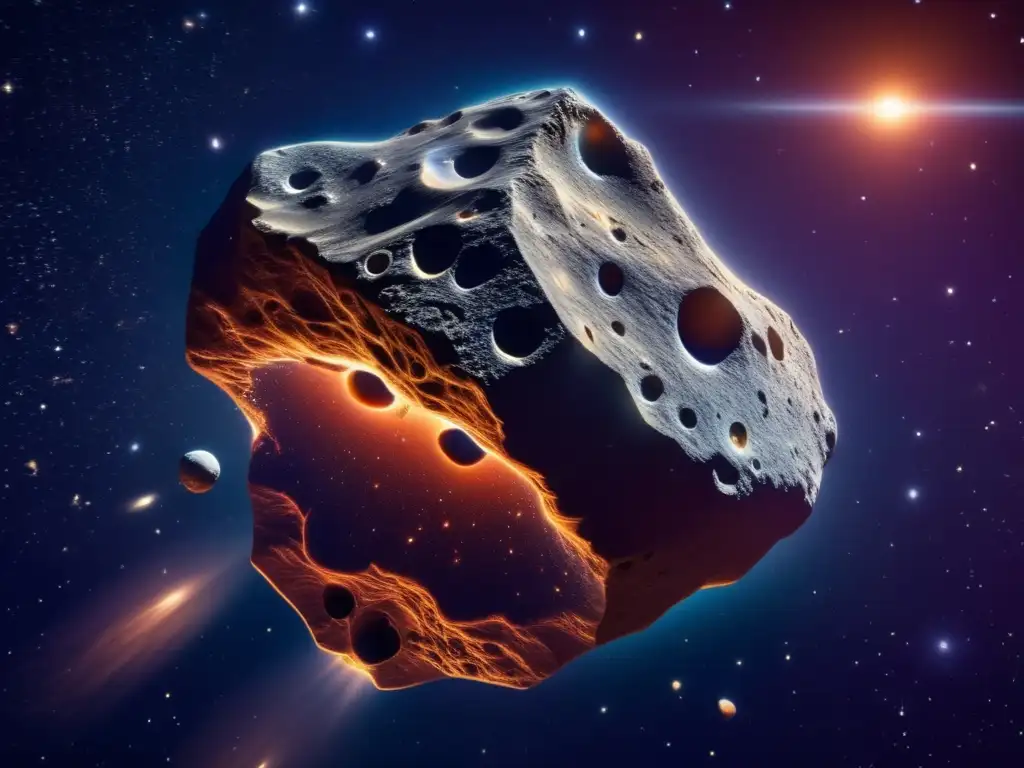 Un asteroide irregular fascinante flotando en el espacio, rodeado de estrellas y colores cautivadores