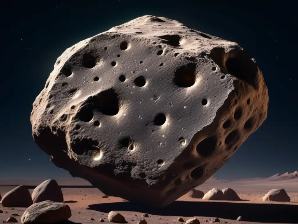 Asteroide irregular cerca de la Tierra: Imagen 8k detallada de un asteroide con superficie rugosa y formaciones rocosas únicas en el espacio