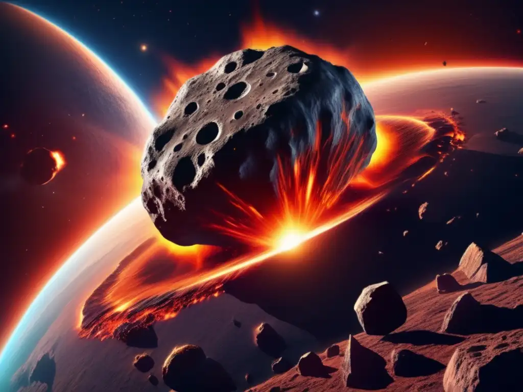 Un asteroide masivo en colisión con la Tierra, mostrando peligro y urgencia