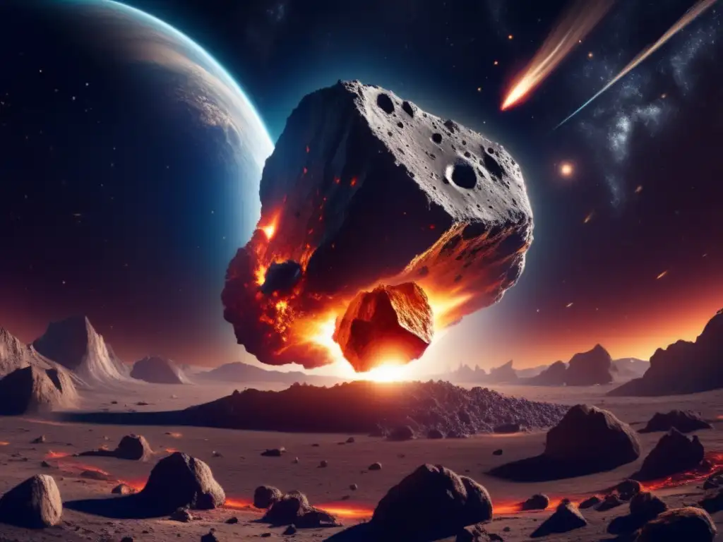 Asteroide masivo en curso a la Tierra, con su superficie irregular y cráteres visibles