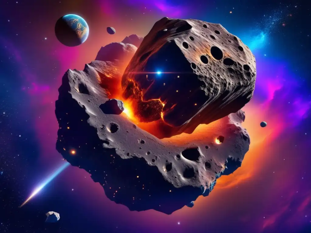 Asteroide masivo en el espacio rodeado de nebulosa, con cráteres, rocas y composición mineral