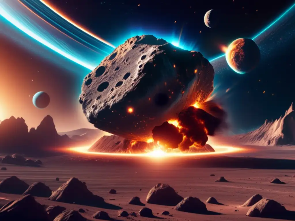 Asteroide masivo en ruta hacia la Tierra, rodeado de polvo y escombros, con nave espacial futurista y destello solar