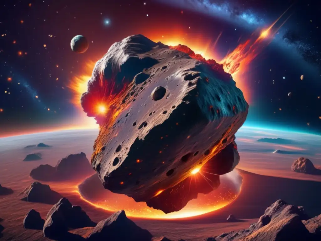 Asteroide masivo en ruta hacia la Tierra, con detalles impresionantes y halo de escombros