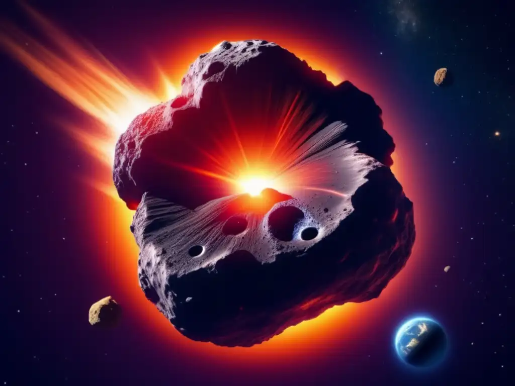 Un asteroide masivo se dirige hacia la Tierra, con detalles de su superficie rugosa, bordes irregulares y cráteres de impacto prominentes