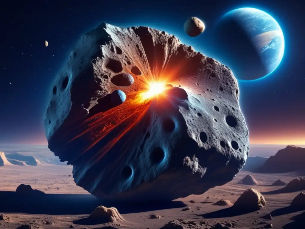 Asteroide masivo se acerca a la Tierra, con detalles de su superficie rugosa, cráteres profundos y bordes irregulares