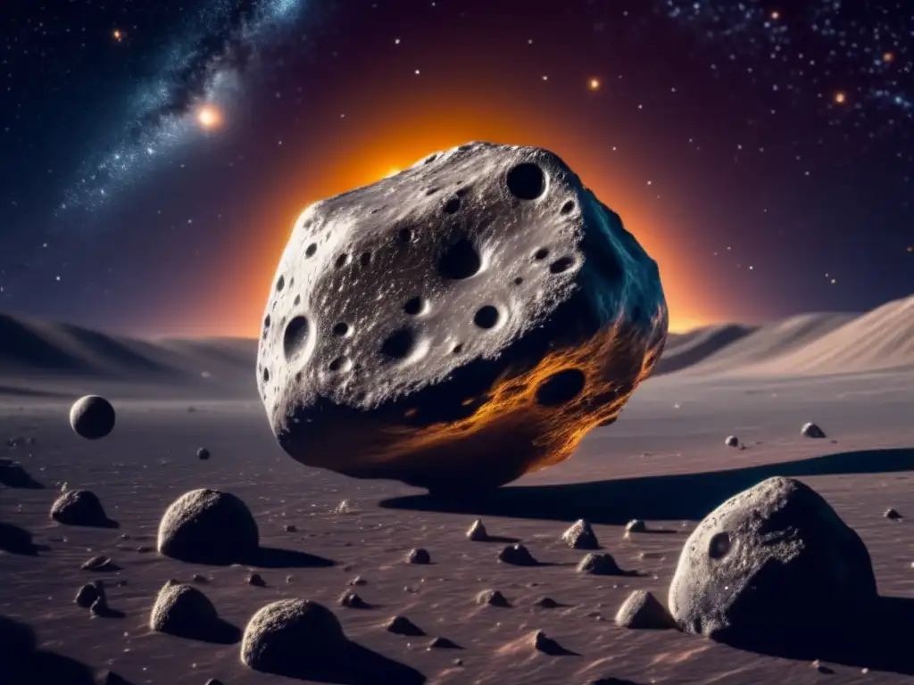 Asteroide metálico flotando en el espacio, extraído por astronautas en misión
