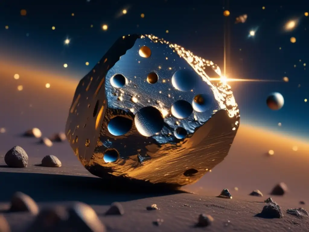 Un asteroide metálico flotando en el espacio, con metales preciosos en su superficie