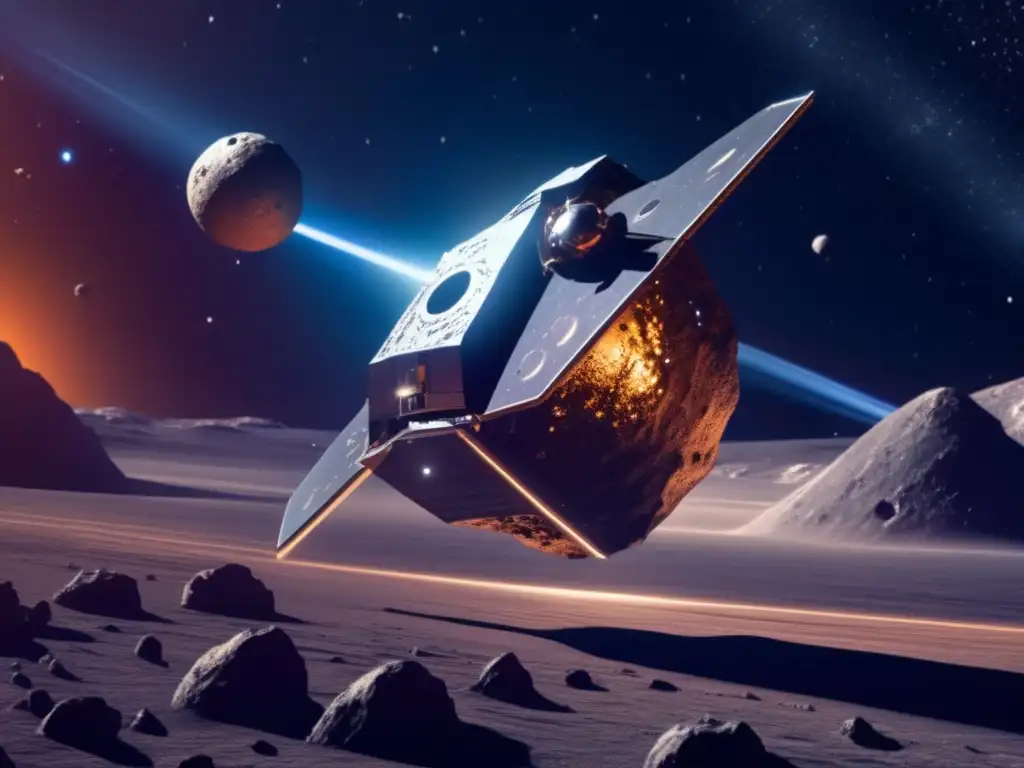 Sonda espacial explorando asteroide metálico Aproximación a asteroide metálico en el espacio: la exploración científica revela misterios de asteroides metálicos en el sistema solar