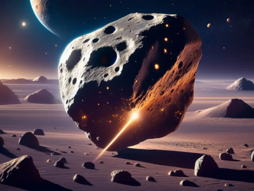 Asteroide metálico flotando en el espacio, con patrones y texturas impresionantes