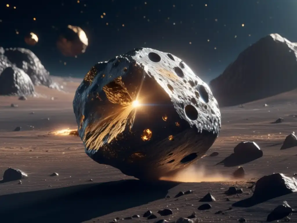 Asteroide metálico S: Composición y origen en imagen 8k de detalle ultrapreciso con vehículo minero avanzado y estrellas distantes