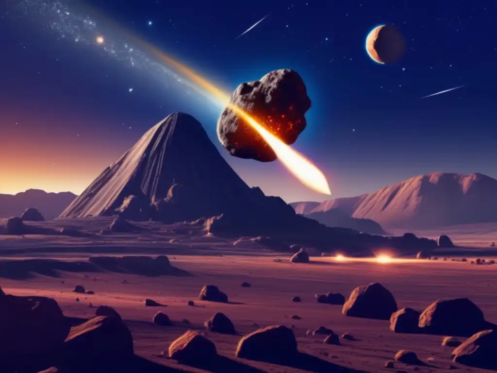 Diferencia asteroide meteorito: imagen celestial con asteroide oscuro y meteorito brillante en contraste