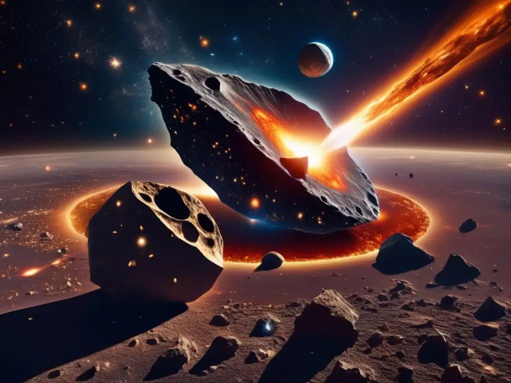 Diferencia asteroide y meteorito en espacio oscuro con galaxias, asteroide rocoso y meteorito ardiente colisionan, espectáculo celestial cautivador-