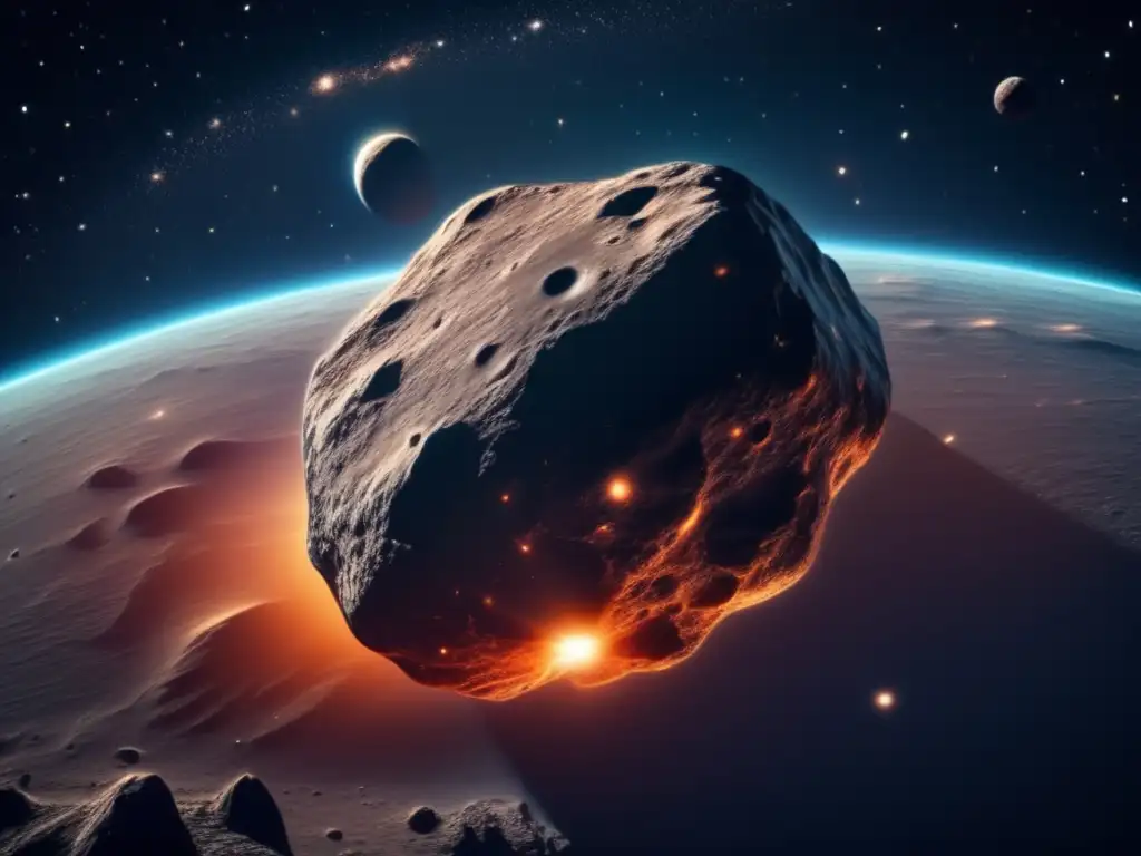Un asteroide misterioso en el espacio con movimientos orbitales, textura metálica y detalles en su superficie