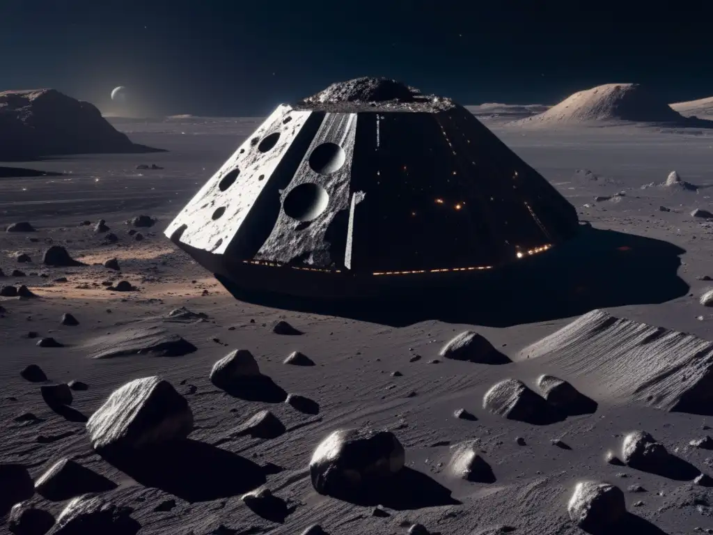 Un asteroide oscuro y rocoso flotando en el espacio, con detalles intrincados en su superficie
