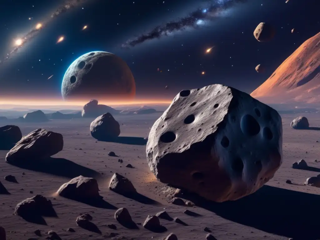 Misión NASA capturar asteroide peligroso: imagen detallada de asteroide amenazante rodeado de estrellas y galaxias, colores vibrantes y detalles impresionantes