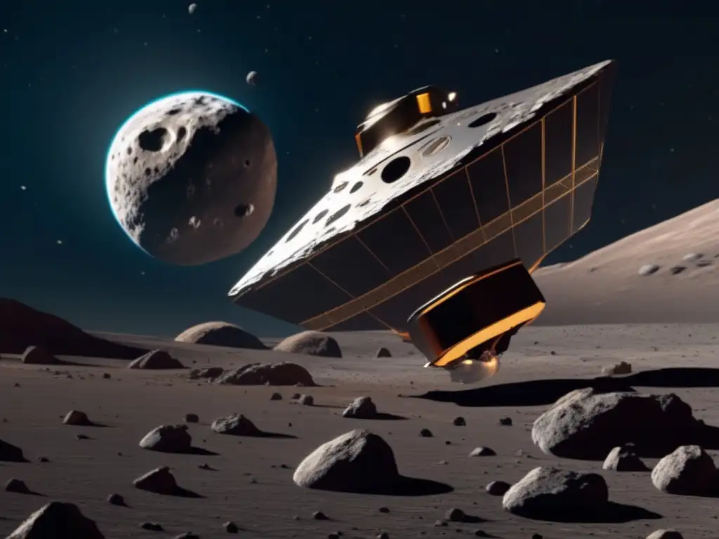 Misión NASA captura asteroide peligroso, nave espacial moderna y detallada, tecnología avanzada, experimentos científicos