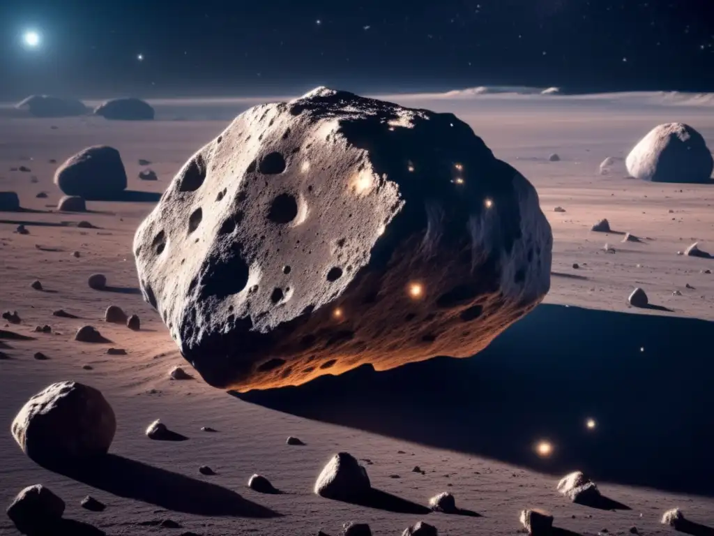 Un asteroide rocoso flotando en el espacio con una iluminación dramática y rodeado de estrellas