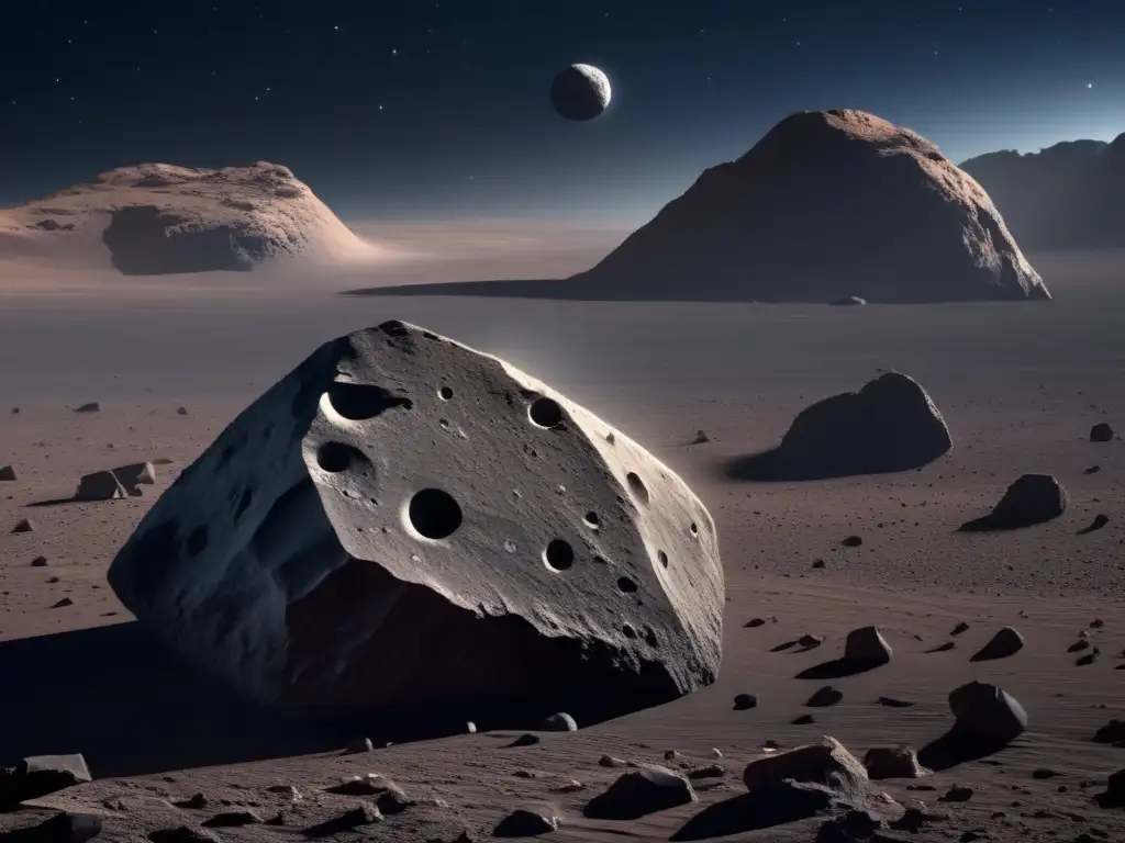 Asteroide rocoso flotando en el espacio, iluminado por luz etérea