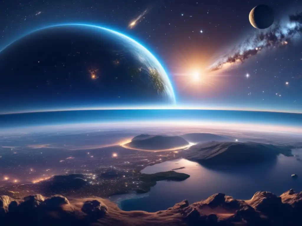 Asteroide seguro vs amenaza real: imagen impactante de la Tierra iluminada, estrellas y dos asteroides contrastantes