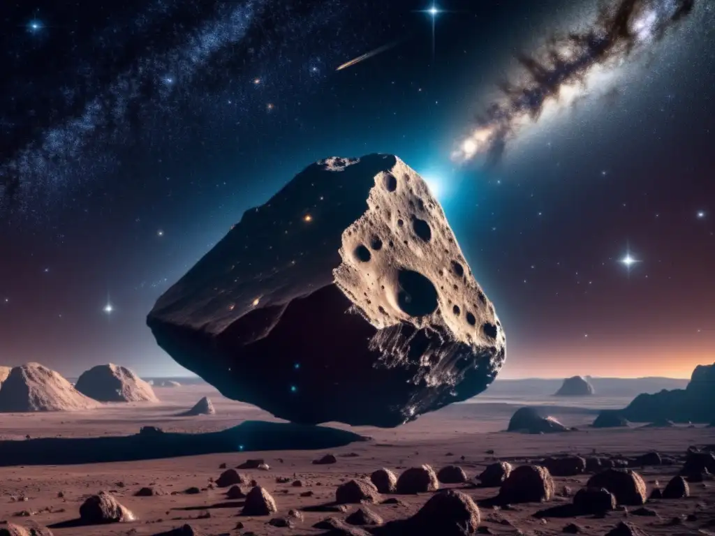 Asteroide seguro vs amenaza real: Imagen impactante del espacio oscuro con estrellas brillantes, un gigantesco asteroide y una nave espacial futurista