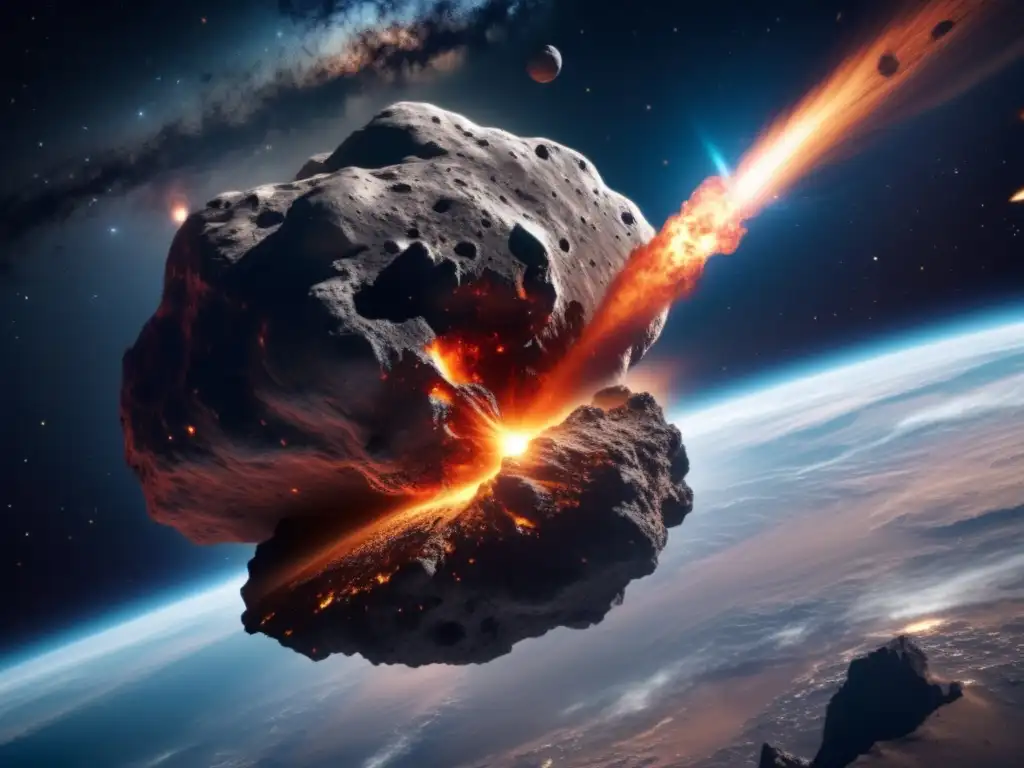 Asteroide acercándose a la Tierra, con detalles impactantes y colores vibrantes