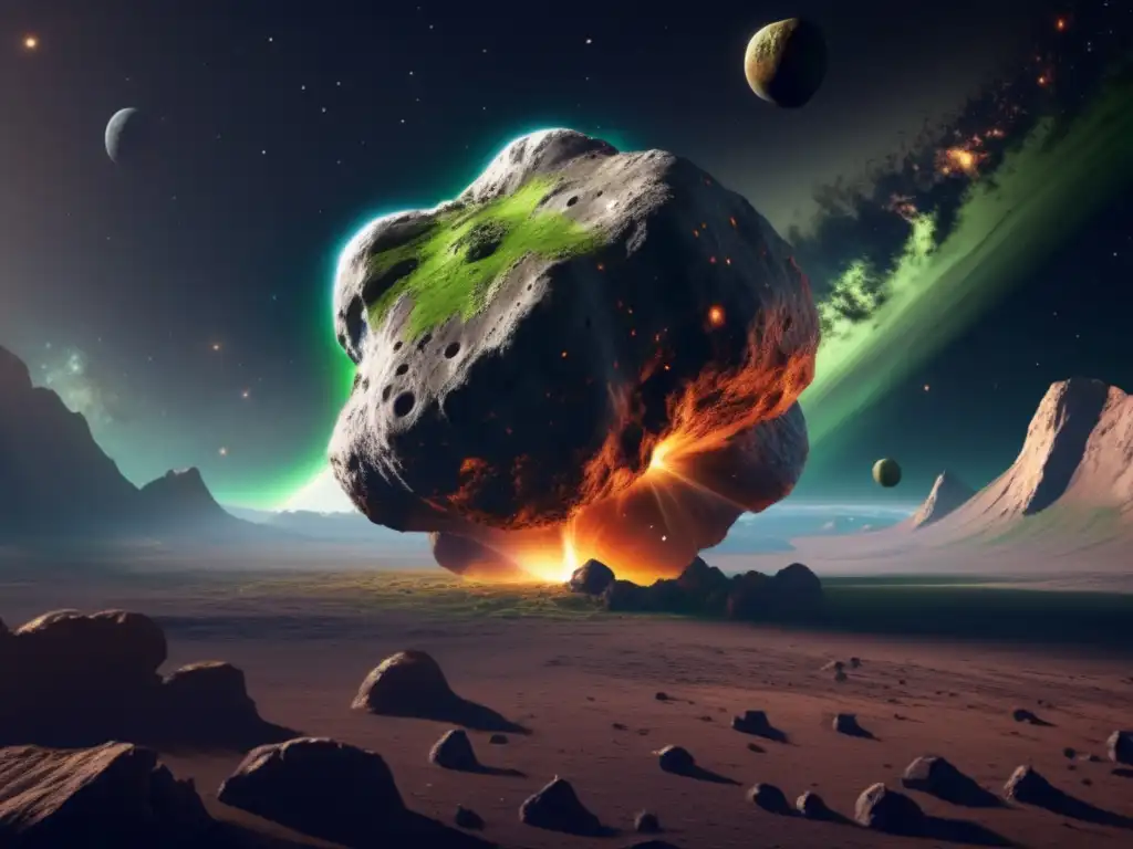 Ultraimagen asteroide acercándose a la Tierra, textura intrincada y colores vibrantes