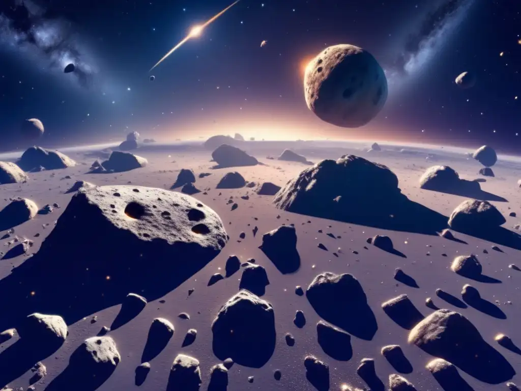 Asteroide tipo C, historia en el vasto campo de asteroides de 8k en el espacio profundo