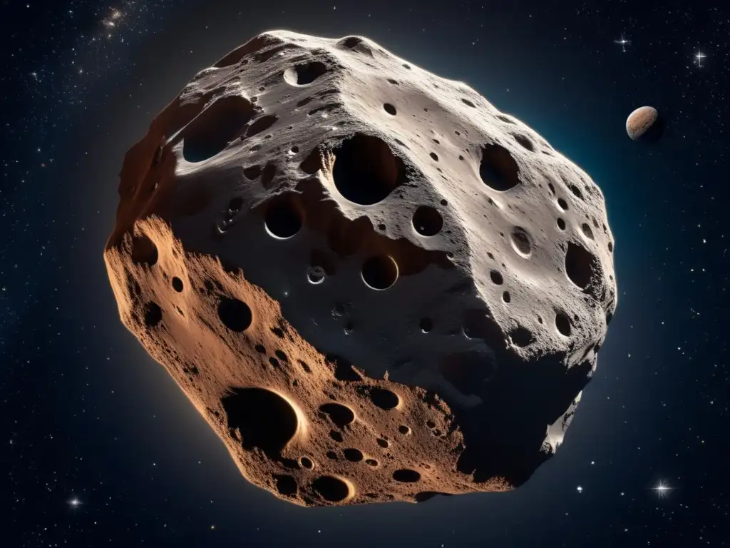 Asteroide tipo C, historia: fascinante imagen de un gigantesco asteroide en el espacio, revelando su superficie rugosa y cráteres profundos