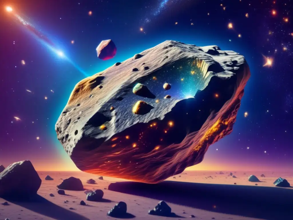 Un asteroide tipo D en el espacio, rodeado de polvo estelar y minerales coloridos