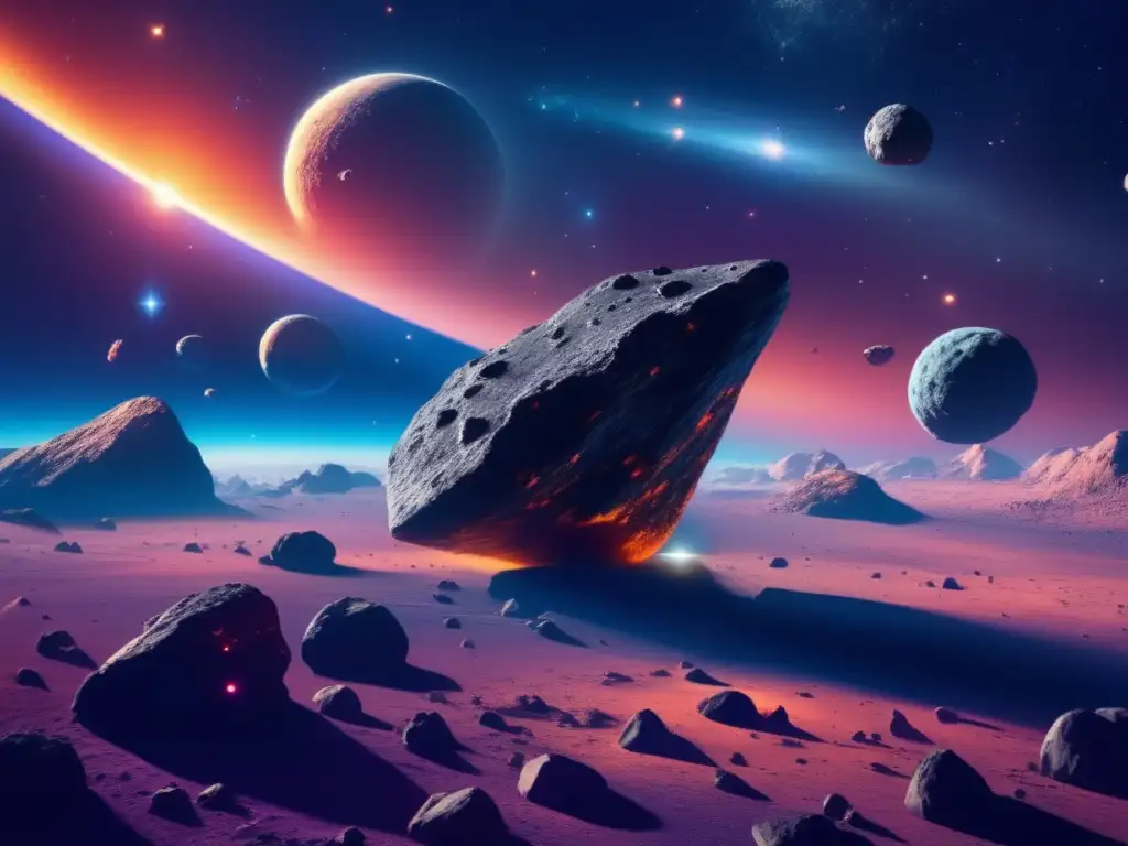 Asteroide: Vastedad del espacio, nebulosa colorida y fascinantes asteroides, evocando aislamiento en misiones de asteroides