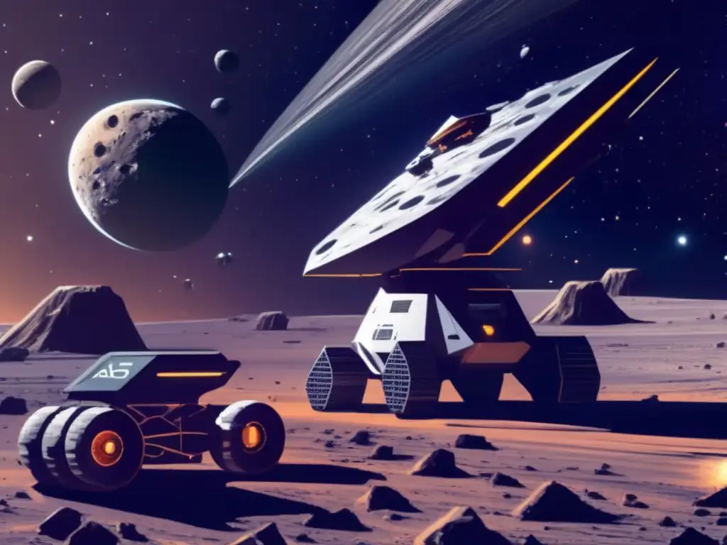 Asteroides abandonados órbita: Futurista operación minera espacial en acción, con naves modernas y avanzada tecnología