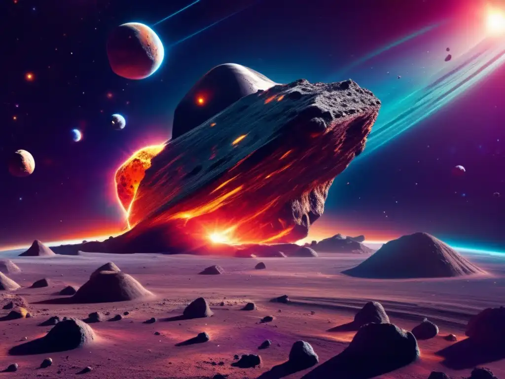 Exploración ética de asteroides: un asteroide masivo en el espacio rodeado de una nebulosa colorida, con una sonda espacial futurista acercándose
